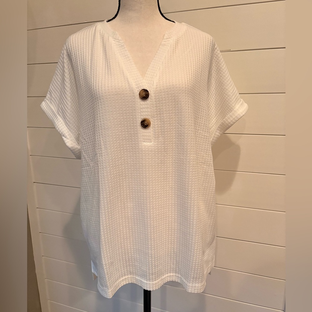 Women’s White Waffle Knit Henley Tunic Top with Rolled Sleeves – Size XL